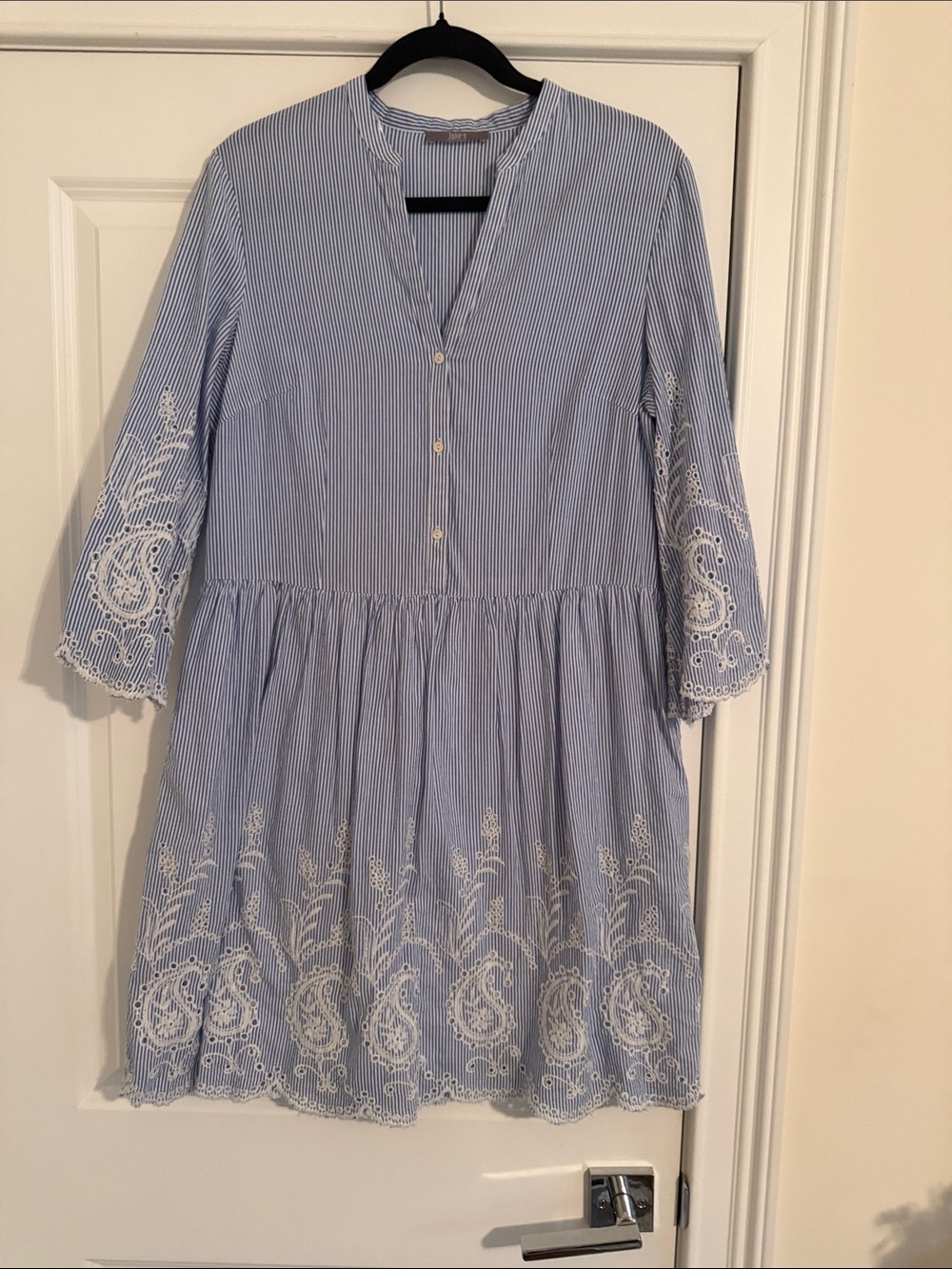 WomensLight Blue Pinstripe Dress with White Embroidered Detail